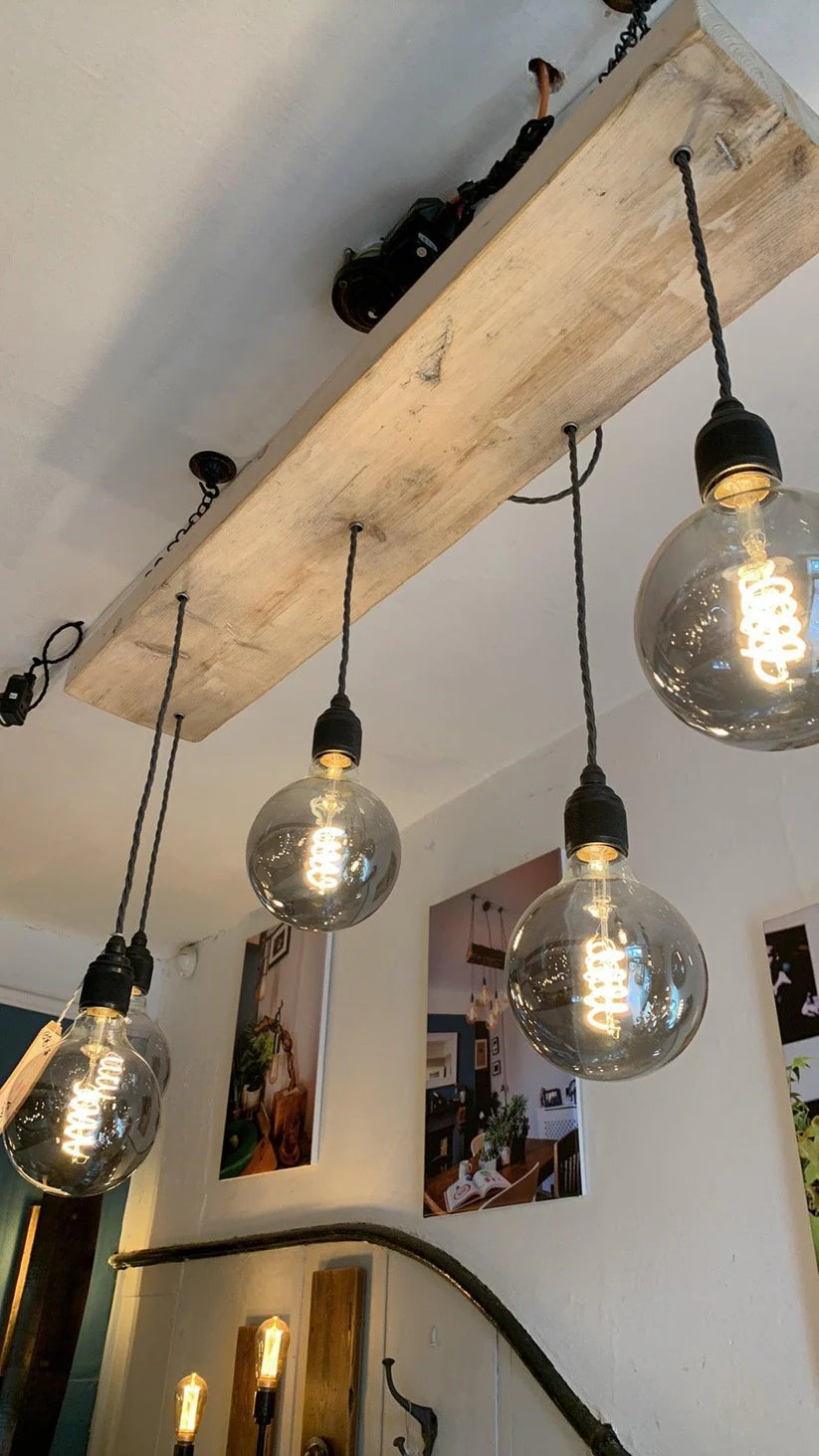 Flat Chandeliers and Wooden Hanging Lights