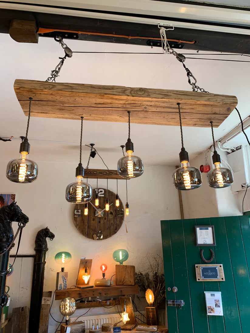 Flat Chandeliers and Wooden Hanging Lights